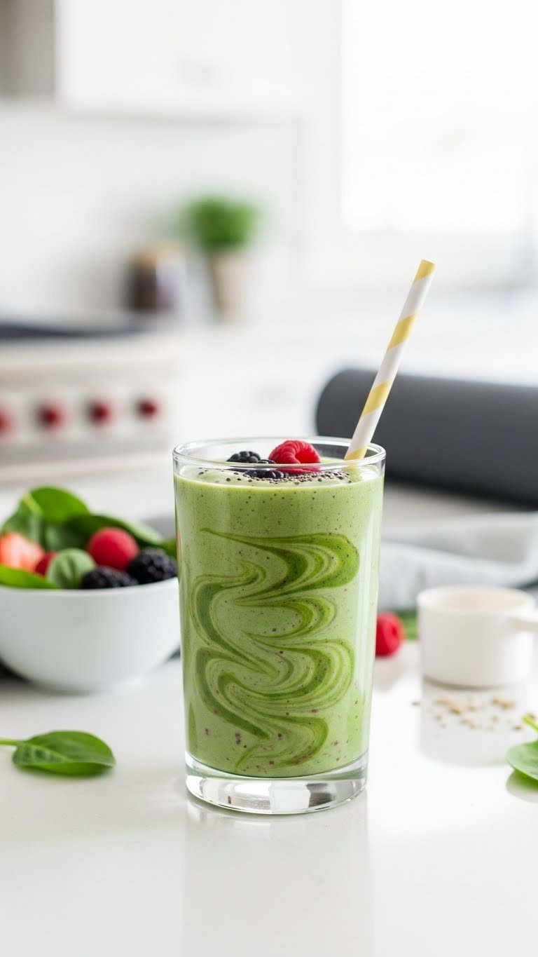 Quick low-calorie protein smoothie in clear glass showing green spinach swirls and berry toppings.