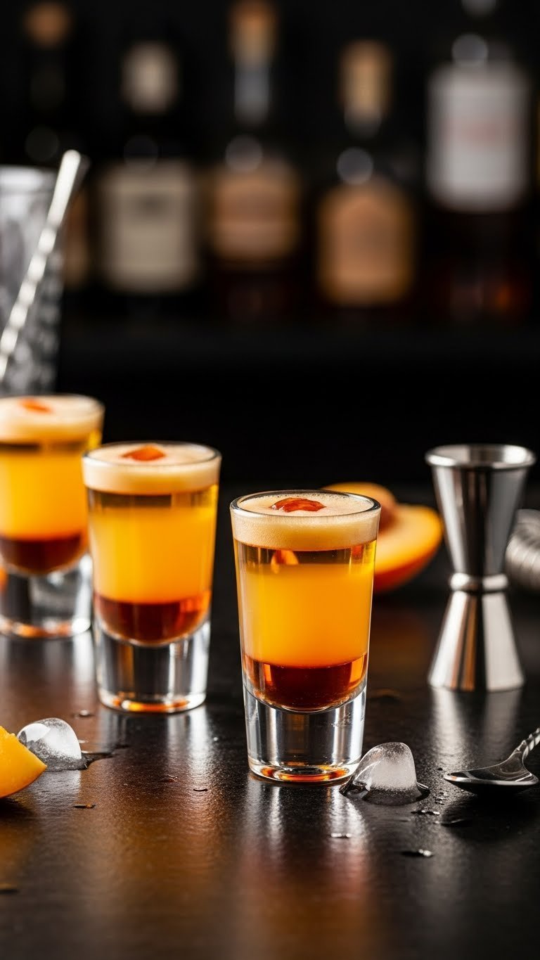 Quick peach schnapps shooter layered in clear shot glasses on dark bar top with jigger