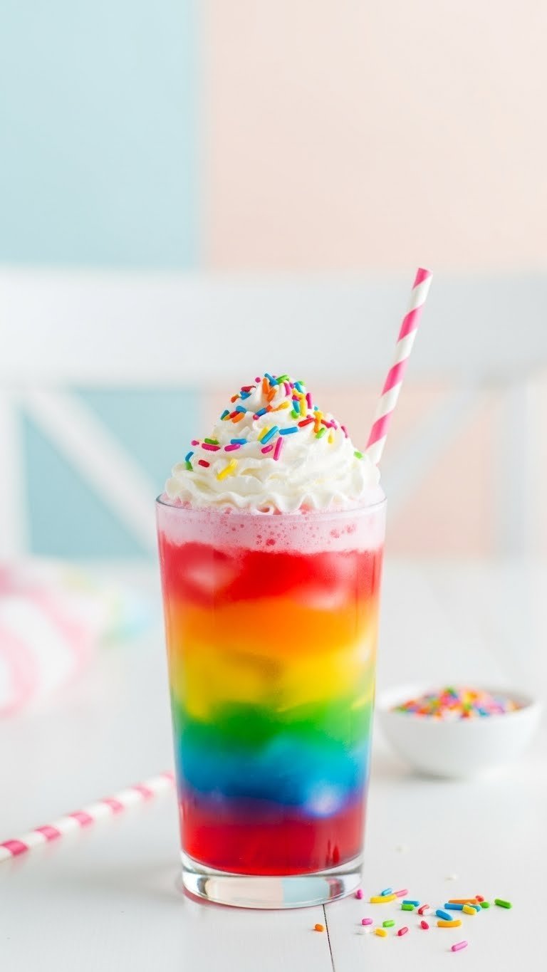 Rainbow layered unicorn lemonade in a tall glass with colorful stripes, whipped cream, and rainbow sprinkles.