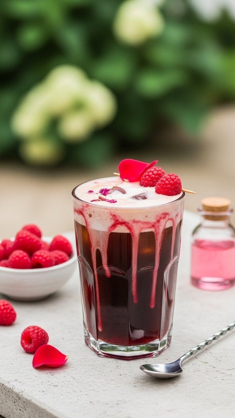 Raspberry Rose Cold Brew with pink syrup, cold foam, fresh raspberries, and an edible rose petal on a stone surface.