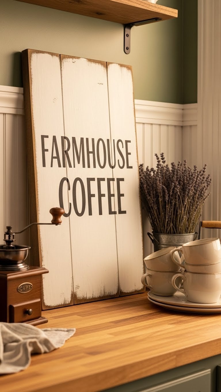 Reclaimed barn wood Farmhouse Coffee sign on beadboard wall with vintage grinder and lavender bundle