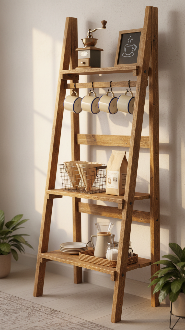 Reclaimed wood A-frame ladder shelf styled as rustic farmhouse coffee station with vintage grinder