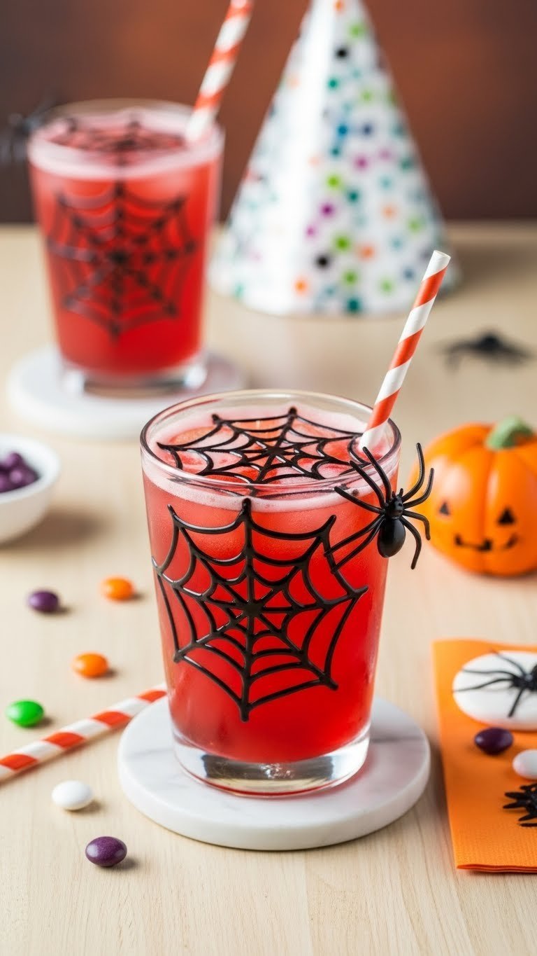Red Shirley Temple drink with intricate chocolate spiderweb design inside glass and plastic spider on rim