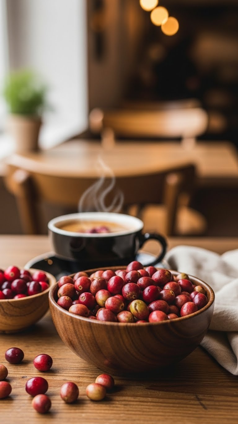 Red honey processed coffee beans in bowl with steaming coffee cup on rustic wooden table