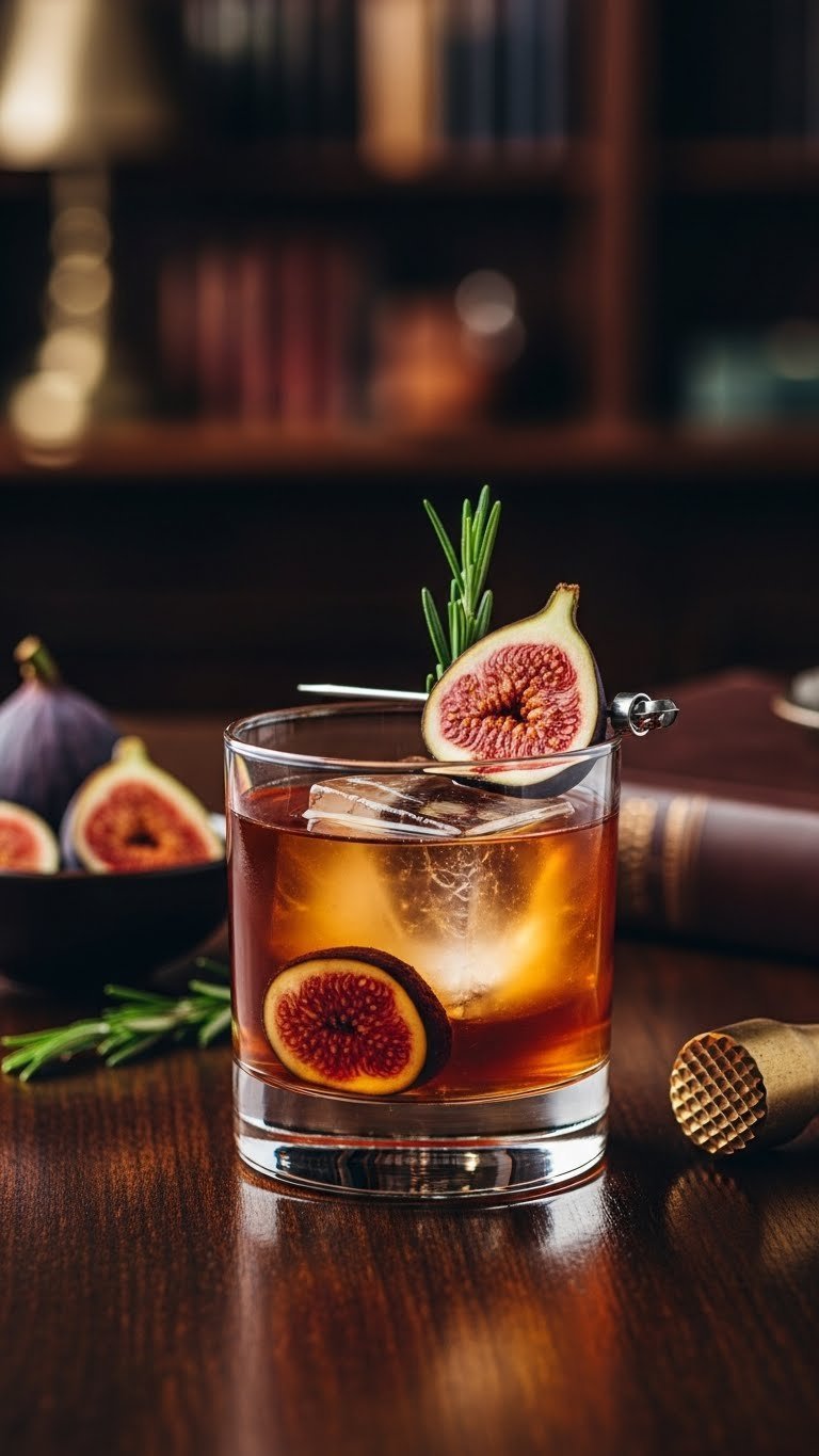 Refined bourbon fig smash cocktail in rocks glass with muddled figs and rosemary garnish on dark wood