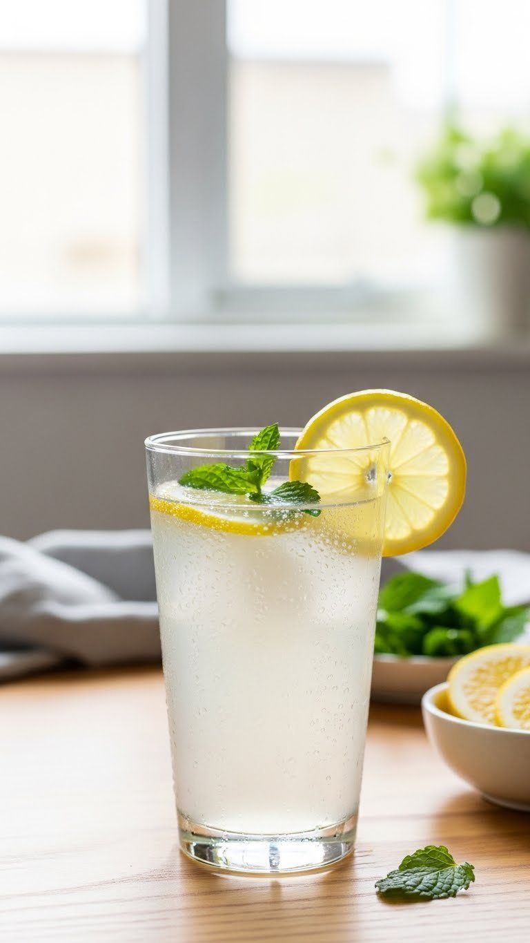 11 Healthy Drink Ideas: Easy Sips for Energy & Weight Loss 3 Refreshing DIY hydrating electrolyte drink with lemon slice and mint garnish on light wooden table