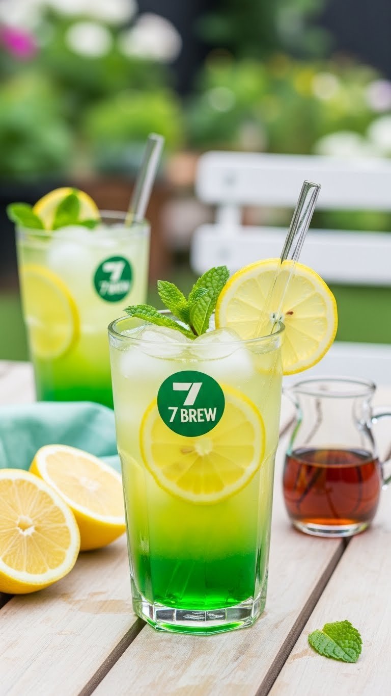 Refreshing Green Tea Lemonade with lemon slices and mint garnish on light wooden table