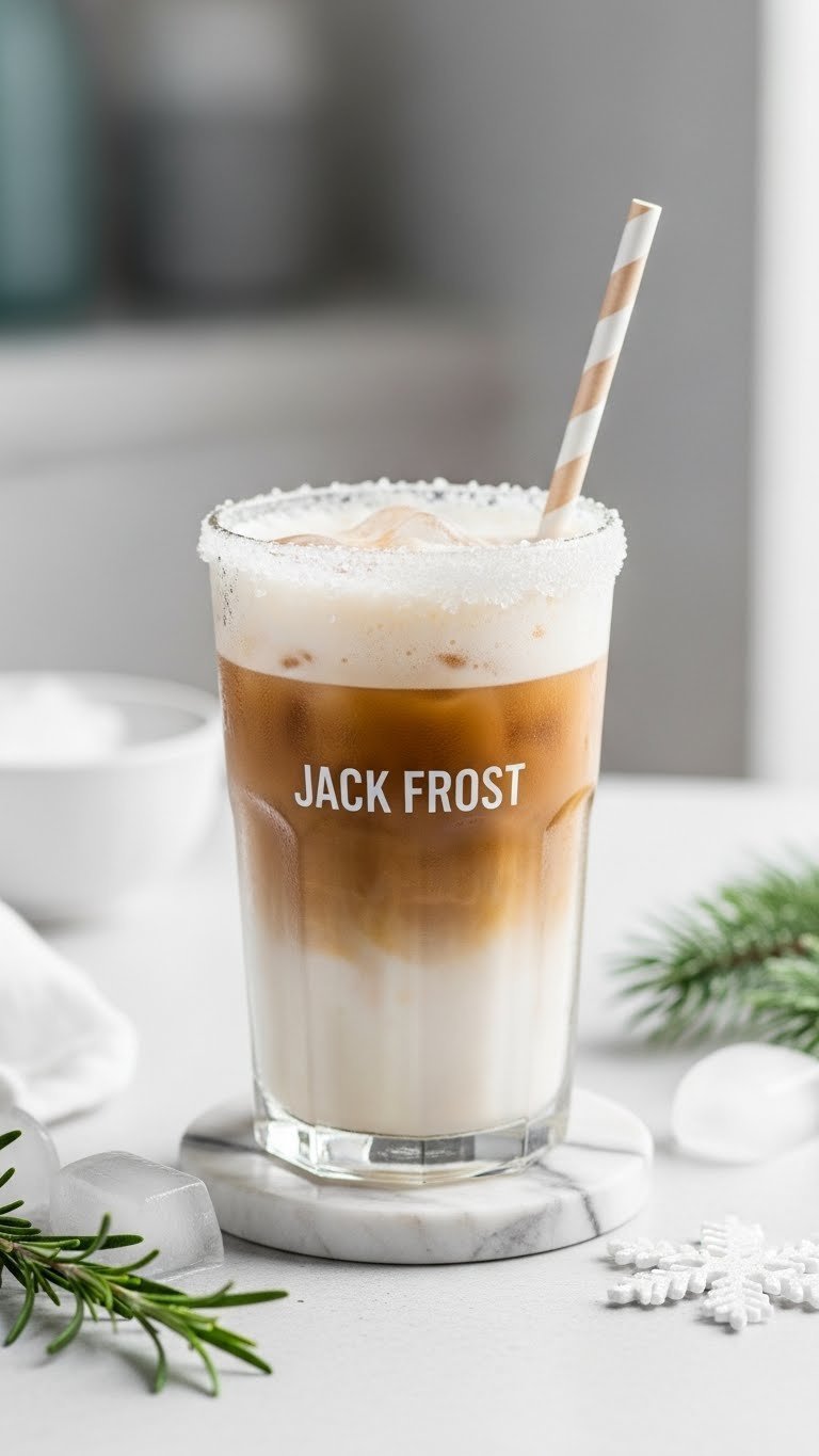 Refreshing Jack Frost iced coffee in tall glass with frosty foam and sugar rim on minimalist white table
