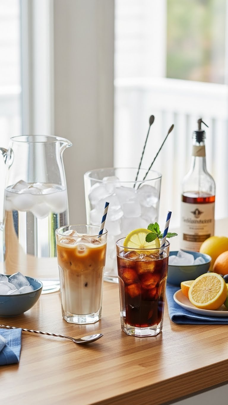 Refreshing Nespresso iced coffee bar with cold brew glasses and fresh fruit garnishes on light wood counter
