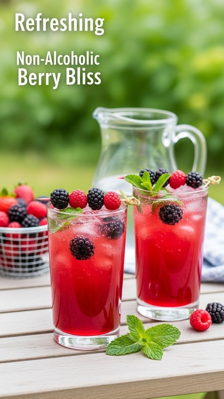 Refreshing Non-Alcoholic Berry Bliss drink in tall glass with mixed berries and mint garnish on light wooden picnic table.