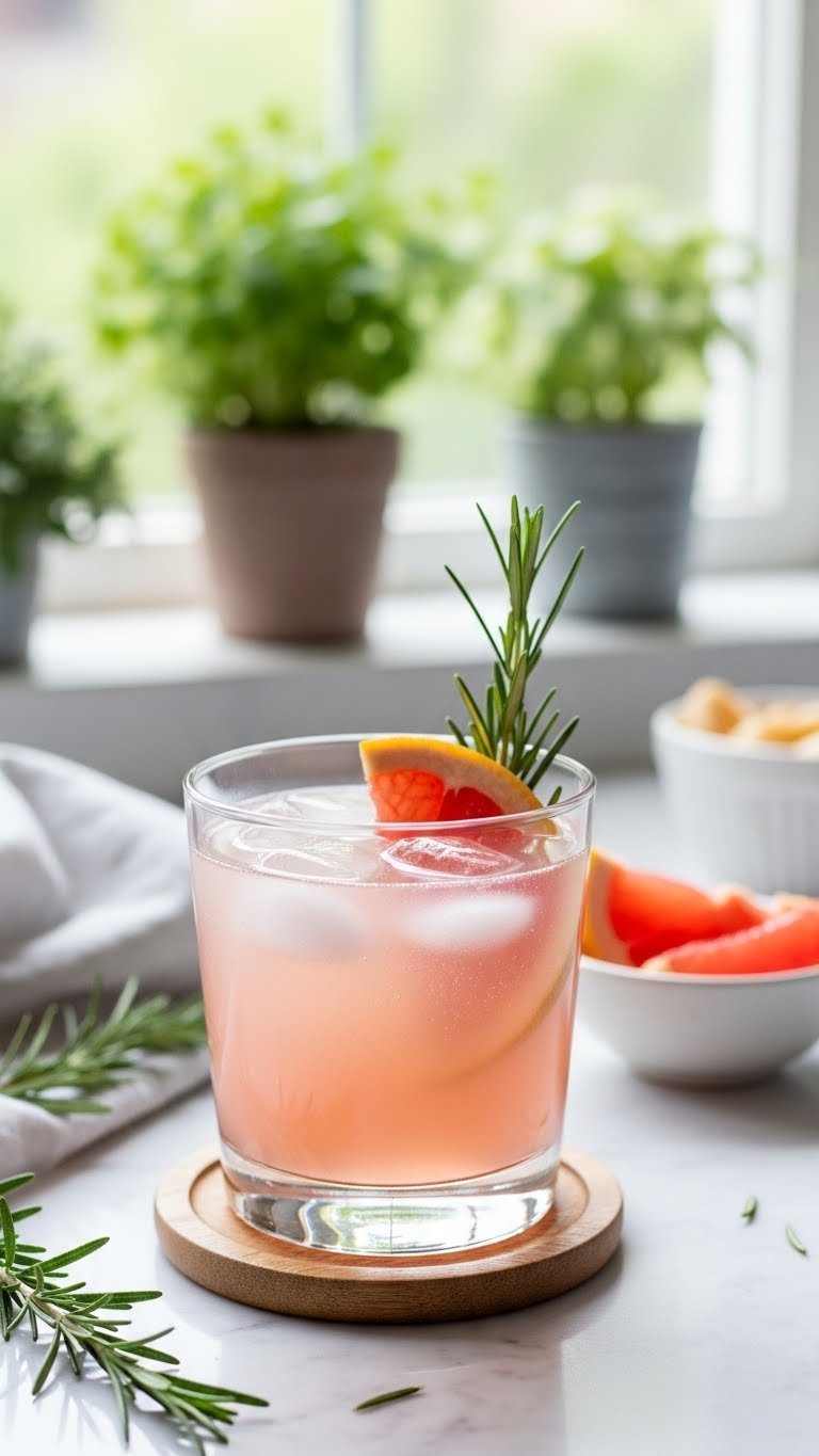 Refreshing Rosemary Grapefruit mocktail in short glass with rosemary sprig and grapefruit slice on marble countertop
