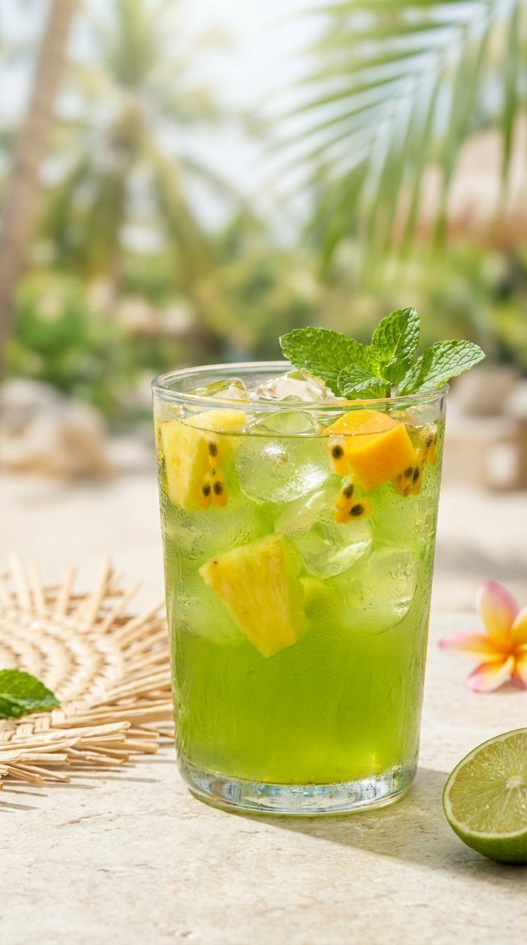 Refreshing Tropical Green Tea with floating fruit pieces and mint garnish in clear glass