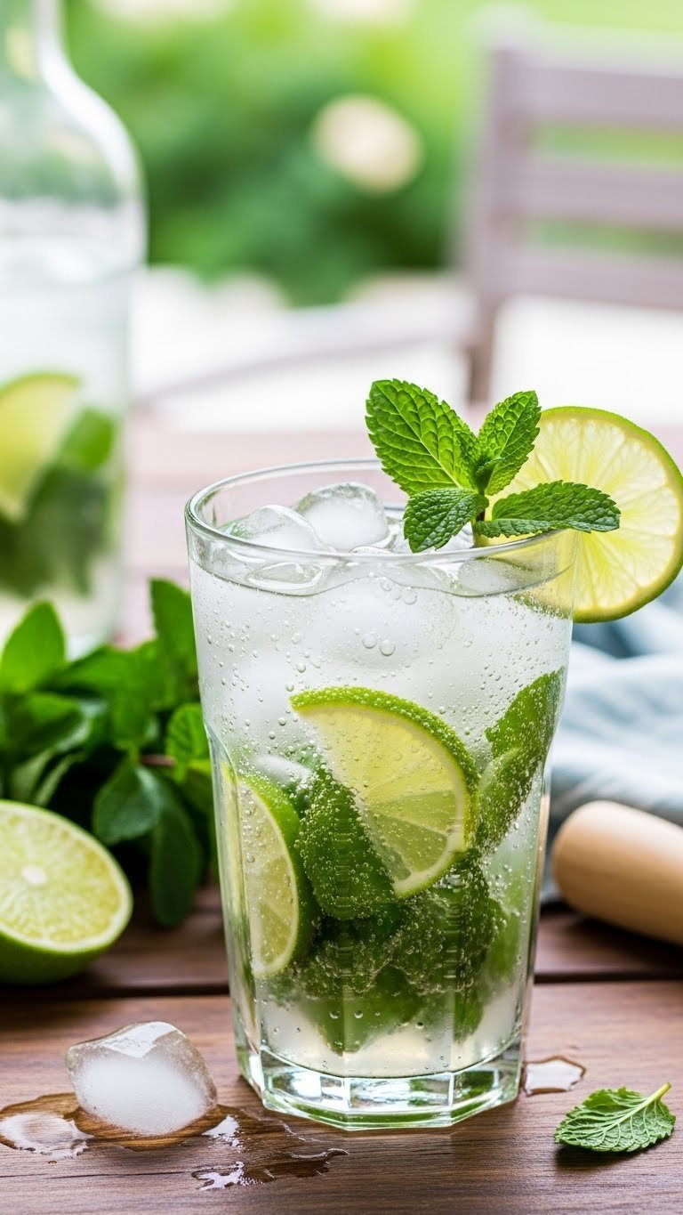 Refreshing Virgin Mojito with mint leaves and lime wedges in highball glass on rustic table
