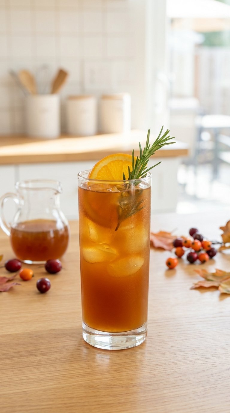 Refreshing autumn harvest cold brew with orange slice and rosemary sprig in tall glass