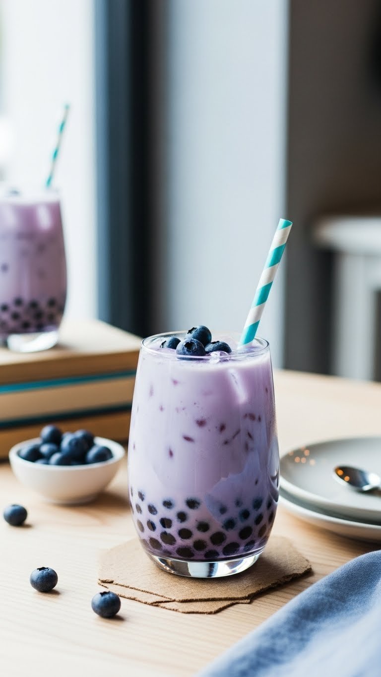 Refreshing blueberry bubble tea in wide-mouthed glass with tapioca pearls and fresh blueberries on light wooden table