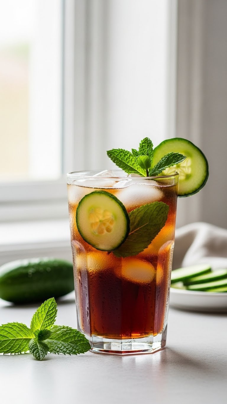Refreshing cucumber mint cold brew in tall glass with cucumber slices and mint leaves condensation