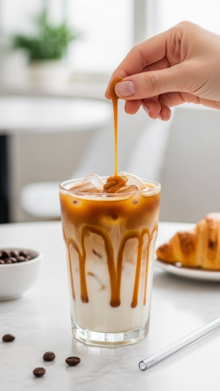 Refreshing iced caramel macchiato in a tall glass with cascading caramel sauce and ice cubes on a light marble surface.