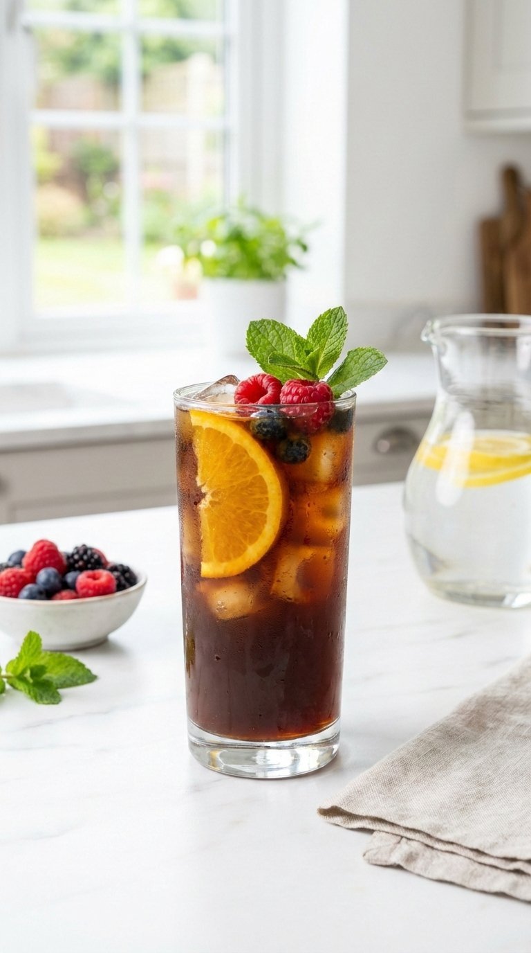 Refreshing iced coffee garnished with orange slice and berries in condensation-beaded glass