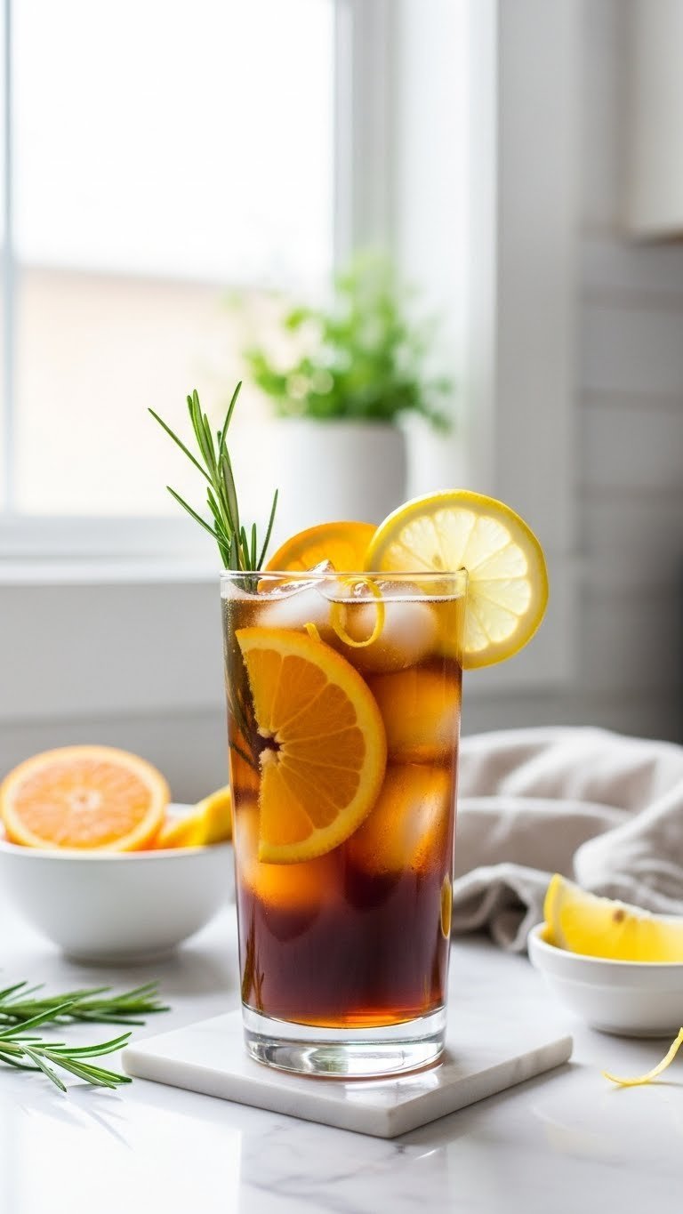 Refreshing iced coffee tonic with rosemary sprigs and citrus slices on white marble countertop