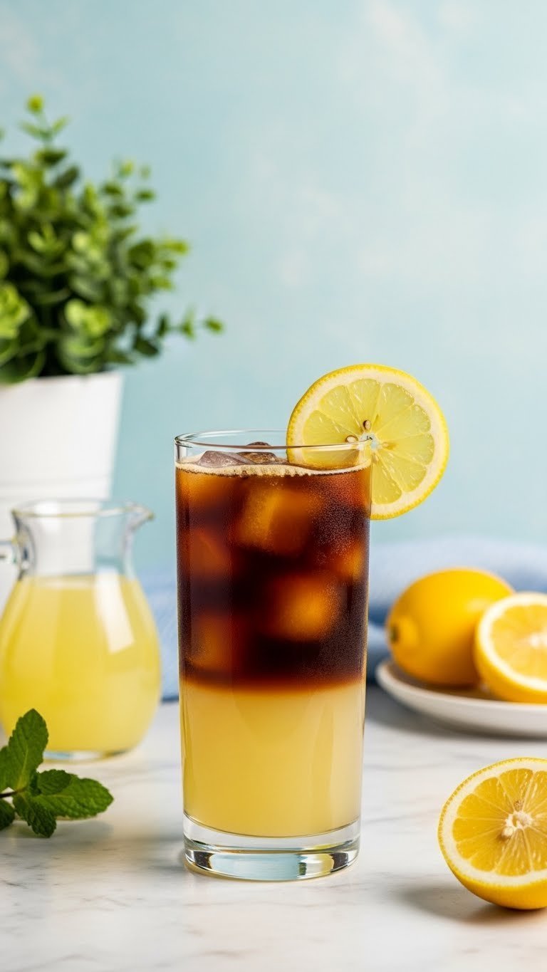 Refreshing lemonade cold brew fusion in tall glass showing distinct coffee and lemonade layers with lemon slice garnish