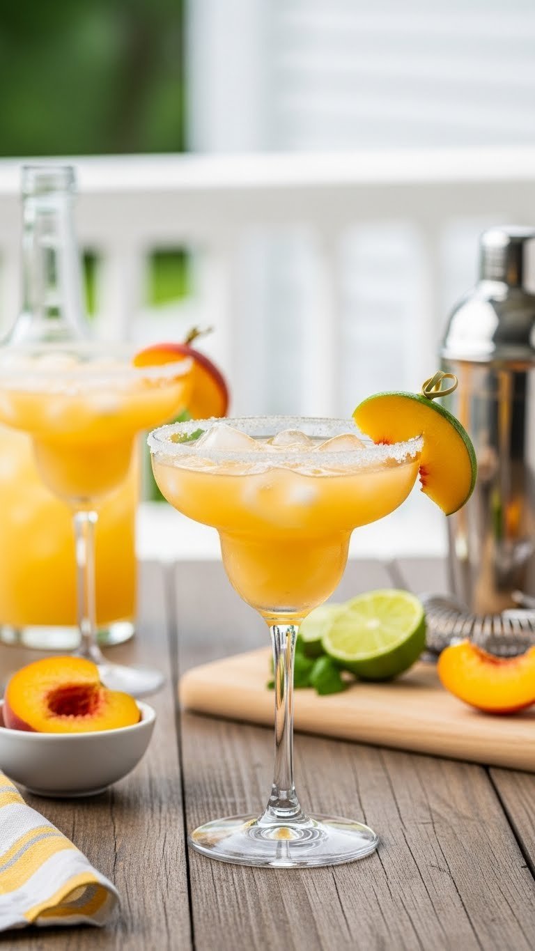 Refreshing peach margarita in salt-rimmed glass with lime wedge garnish on rustic wooden table