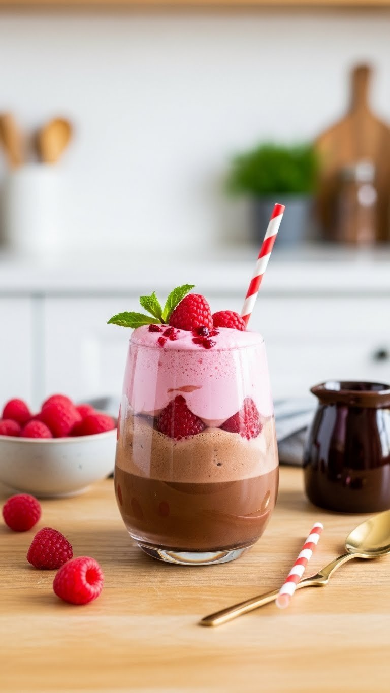 Refreshing raspberry white chocolate cold brew layered with pink cold foam and fresh raspberries on light wood