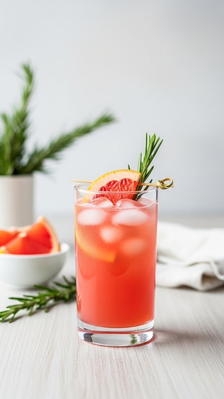 Refreshing ruby red grapefruit spritzer in highball glass with grapefruit slice and rosemary on light wood