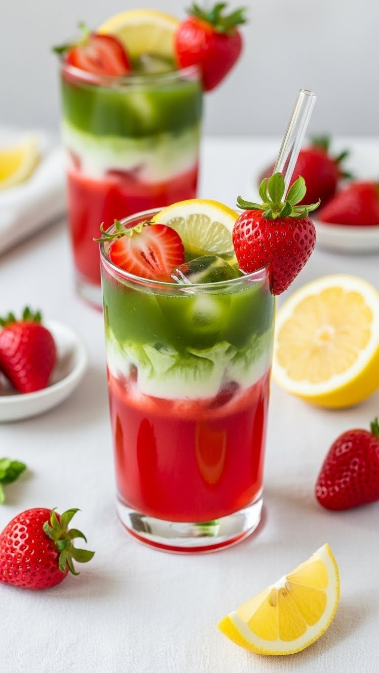 Refreshing strawberry matcha lemonade in clear glass with distinct red, green, and yellow layers garnished with fresh fruit