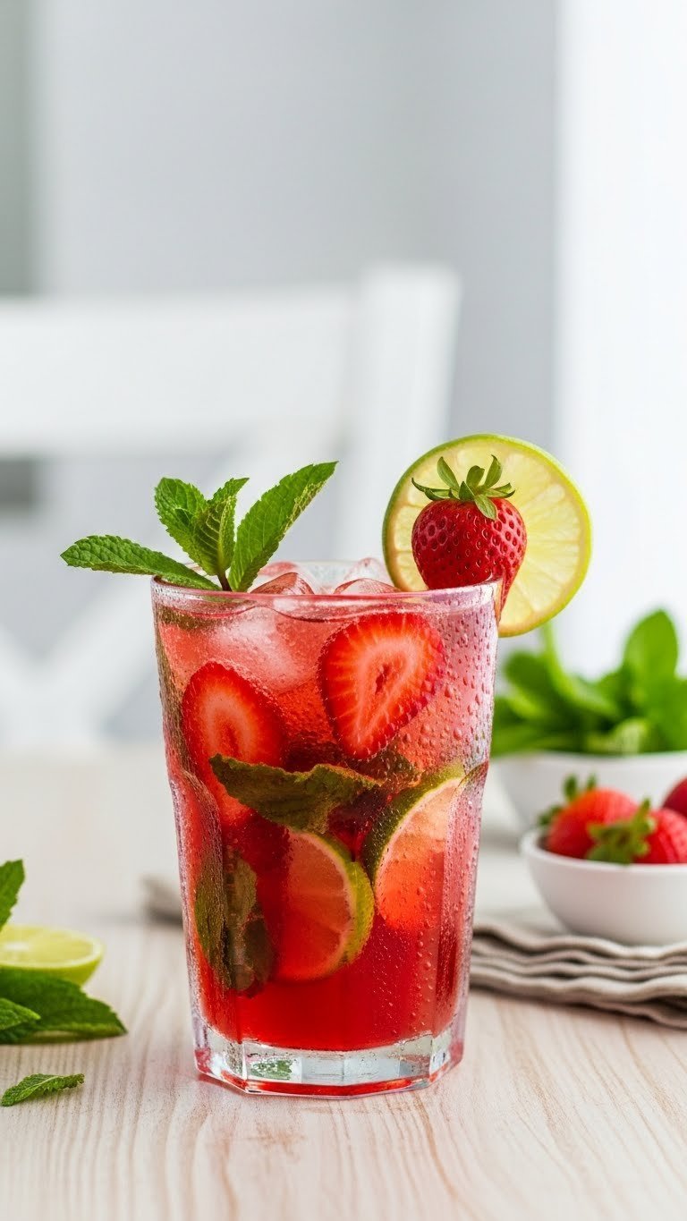 Refreshing strawberry mojito with condensation-beaded glass and mint garnish on light wooden table