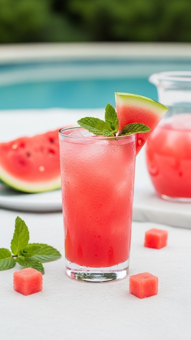 Refreshing watermelon mint cooler in tall condensation-beaded glass with watermelon wedge garnish