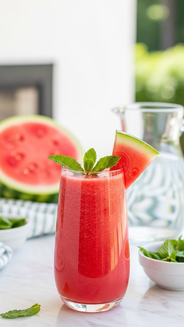 Refreshing watermelon mint smoothie with watermelon wedge and mint leaves in tall slender glass on marble countertop