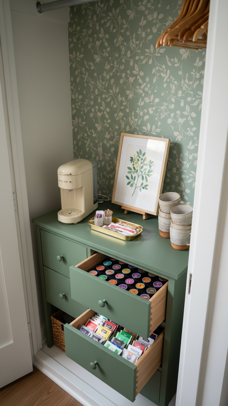 Renter-friendly closet coffee bar using repurposed sage green dresser with retro coffee maker and botanical wallpaper