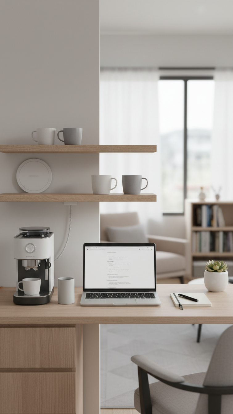 Repurposed desk coffee bar workstation with floating shelves, laptop, and compact coffee maker