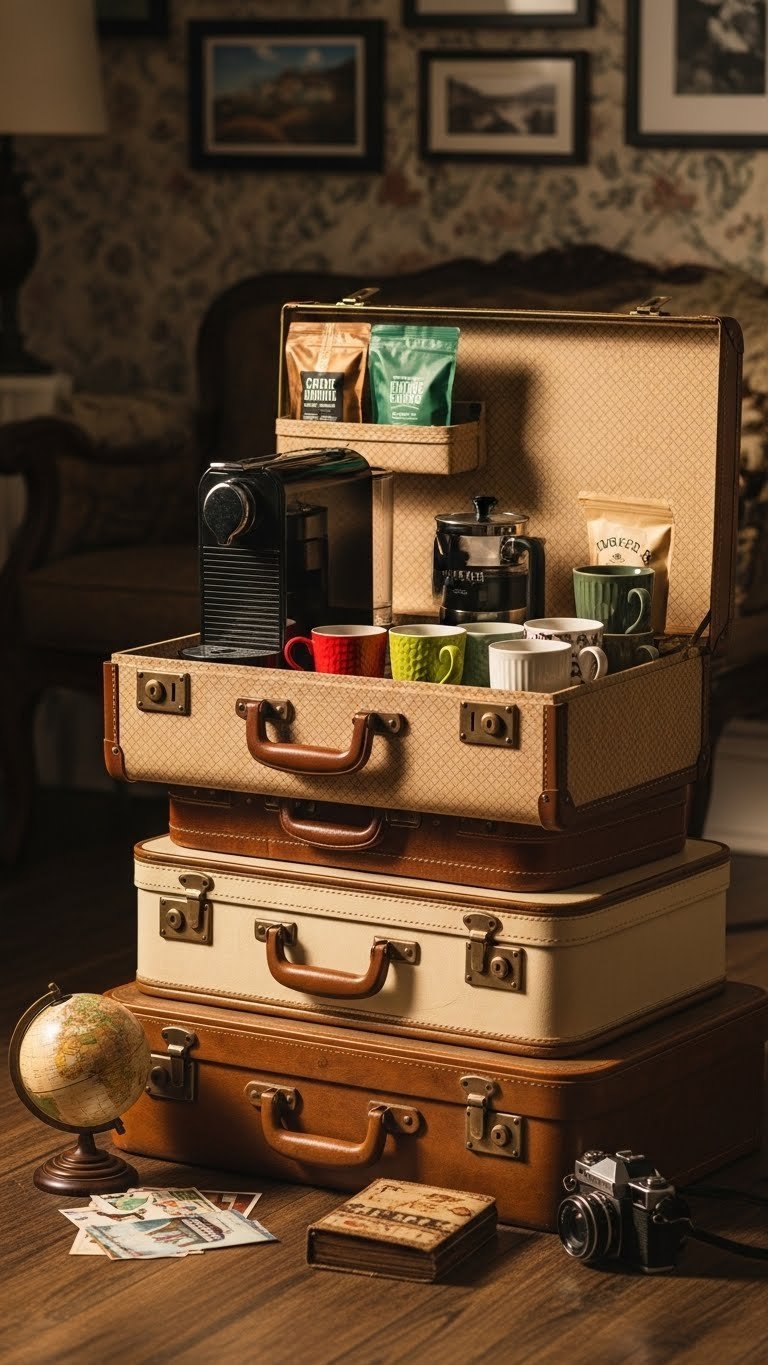 Repurposed vintage luggage coffee station with stacked leather suitcases, portable coffee maker, and ceramic mugs in warm golden light.