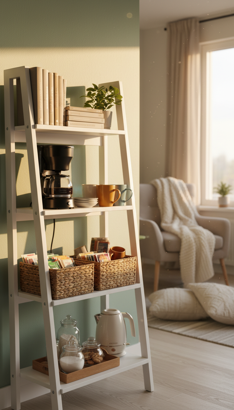 Repurposed white ladder bookshelf coffee station with drip coffee maker and colorful mugs against sage green wall