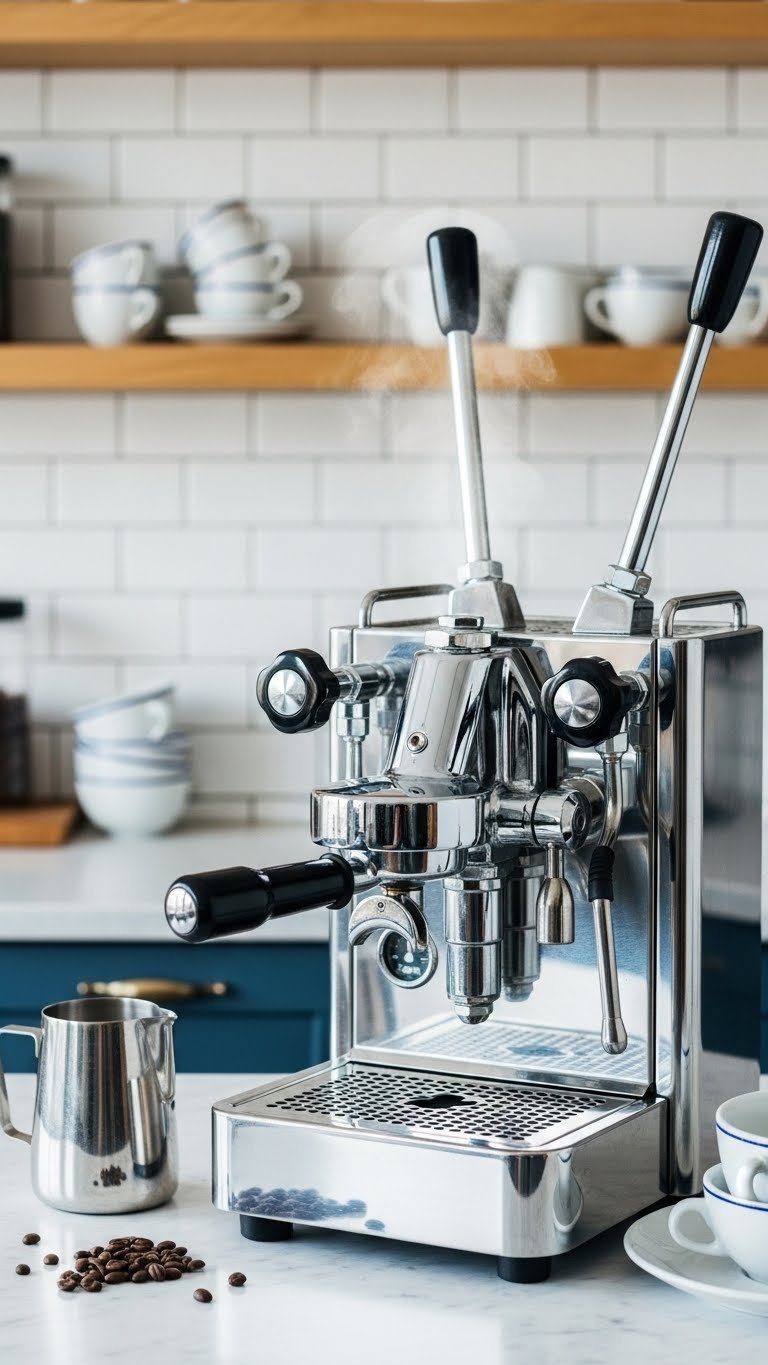 Retro 1950s espresso machine with chrome finish and steam rising from portafilter on white marble countertop with coffee accessories.