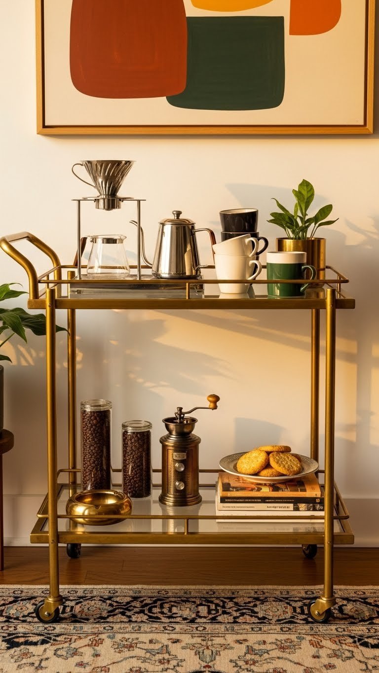 Retro brass and glass bar cart coffee station with chrome pour-over stand, ceramic cups, and vintage coffee grinder