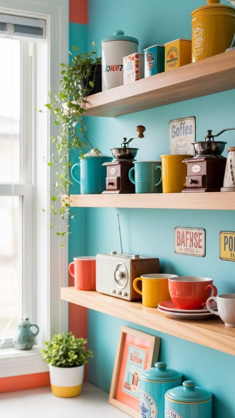 Retro coffee bar with teal floating shelves displaying vintage mugs, coffee grinders, and trailing plants on colorful wall.
