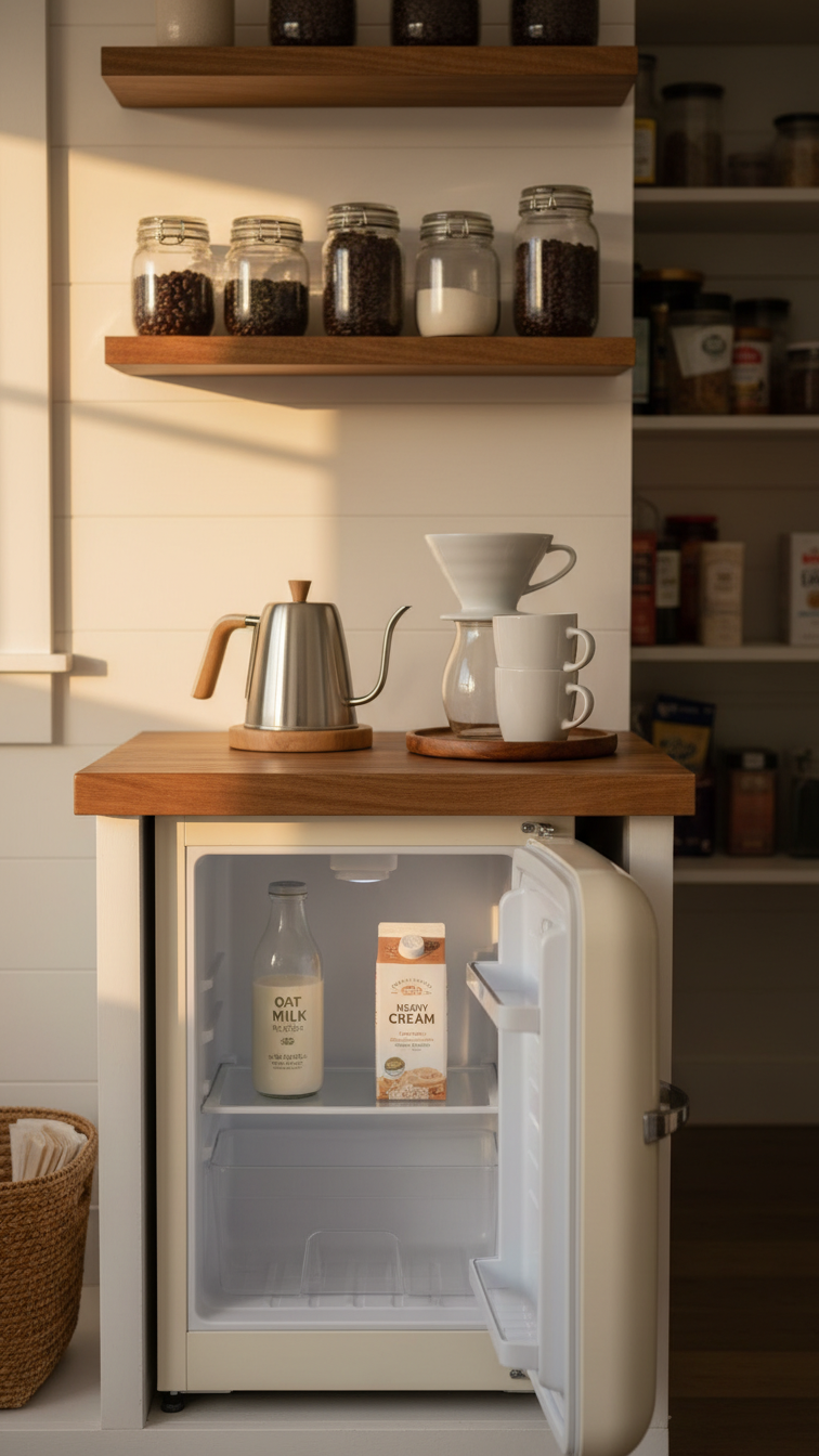 Retro cream-colored mini fridge under butcher block countertop in pantry with oat milk and cream visible inside