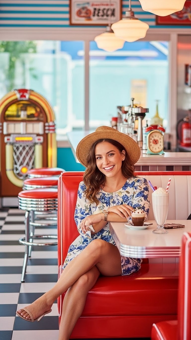 Retro diner Toca Boca coffee spot with 1950s aesthetics, shiny red booth, and checkered flooring in vibrant colors