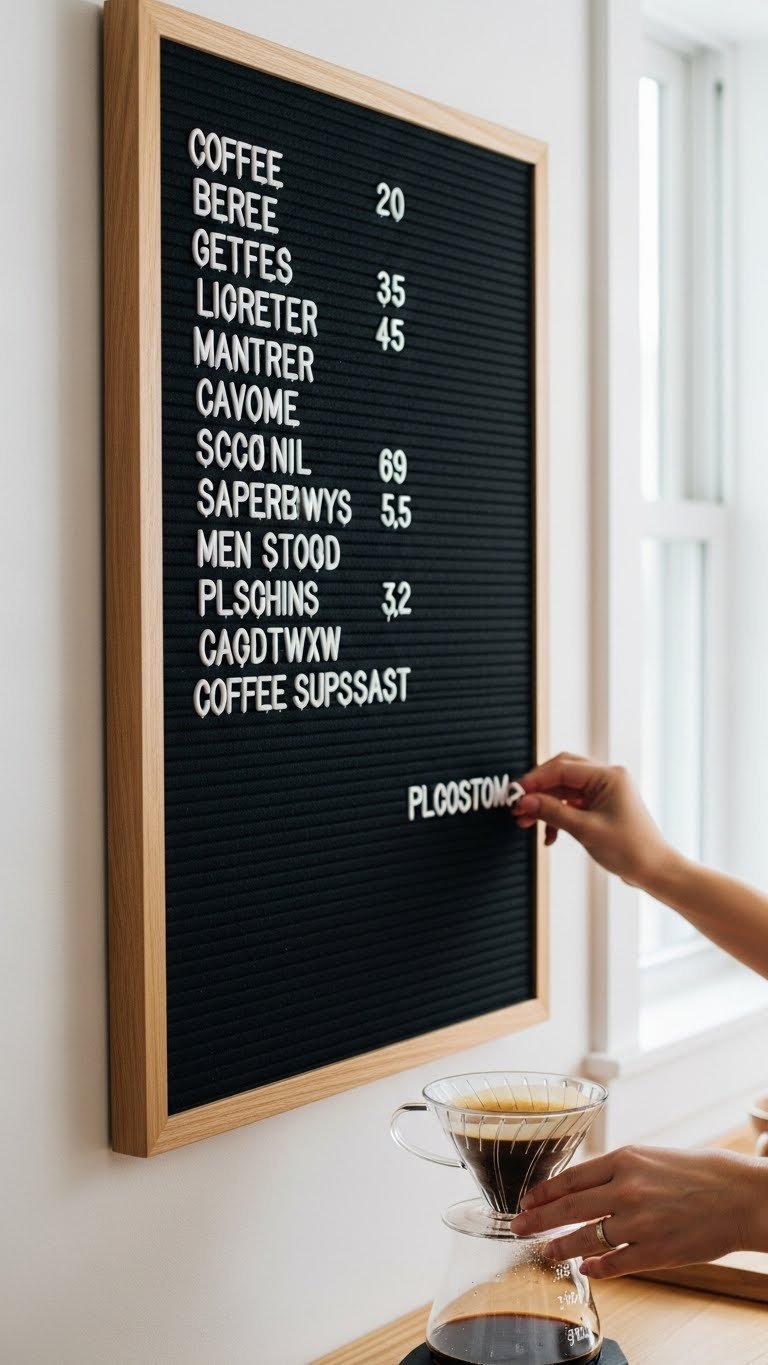 Retro felt letter board in light oak frame with white plastic letters on clean white wall, soft natural lighting for nostalgic coffee shop vibe
