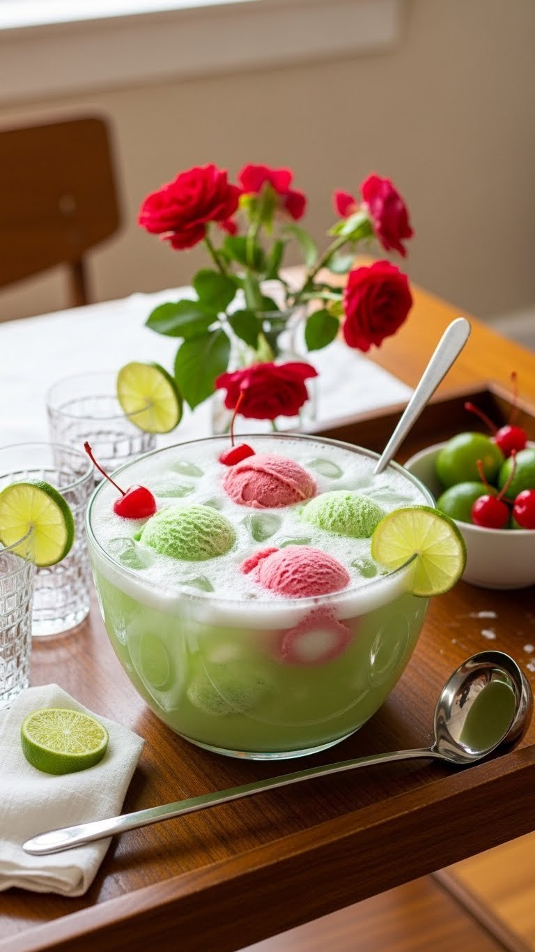 Retro-style punch bowl filled with pale green ginger ale sherbet punch, floating scoops and cherry garnish