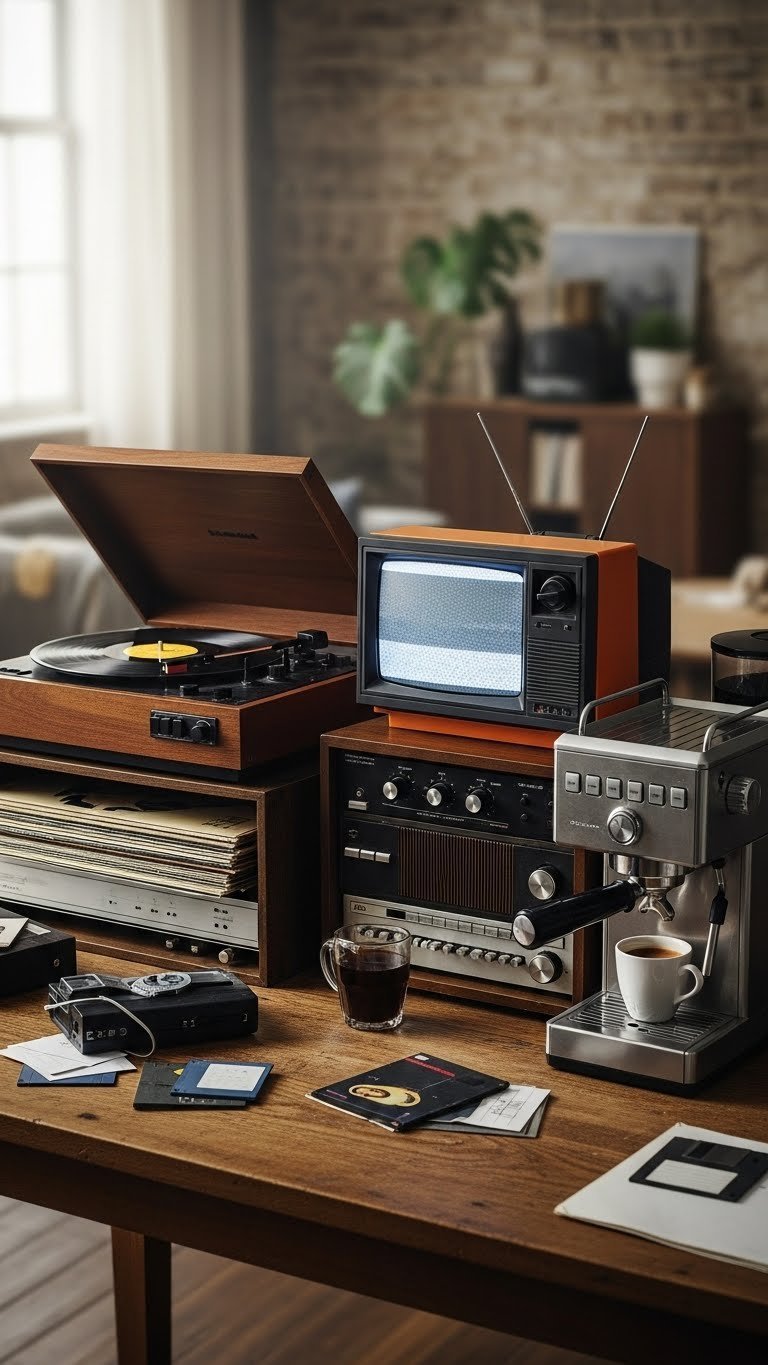 Retro tech coffee station with vintage record player, CRT television, modern espresso machine, and vinyl record display