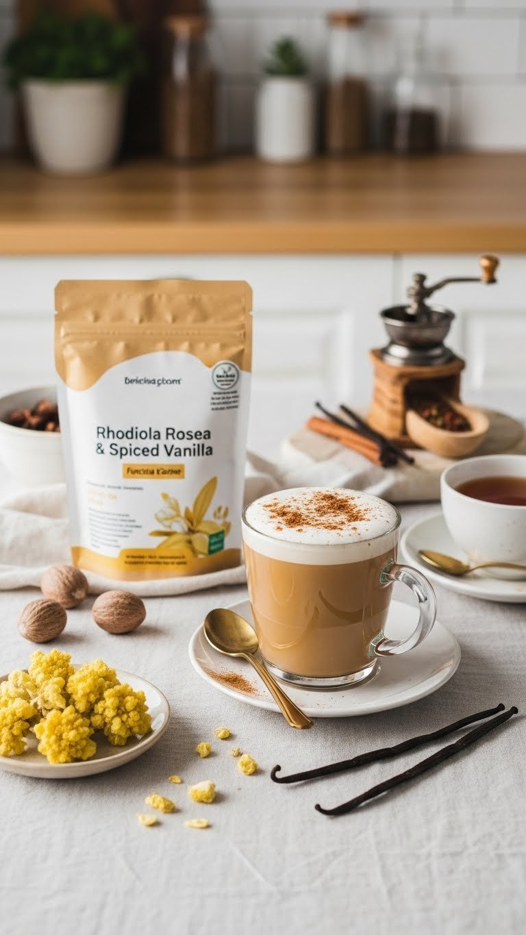Rhodiola Rosea vanilla spiced coffee latte with cinnamon garnish and vanilla beans on linen tablecloth