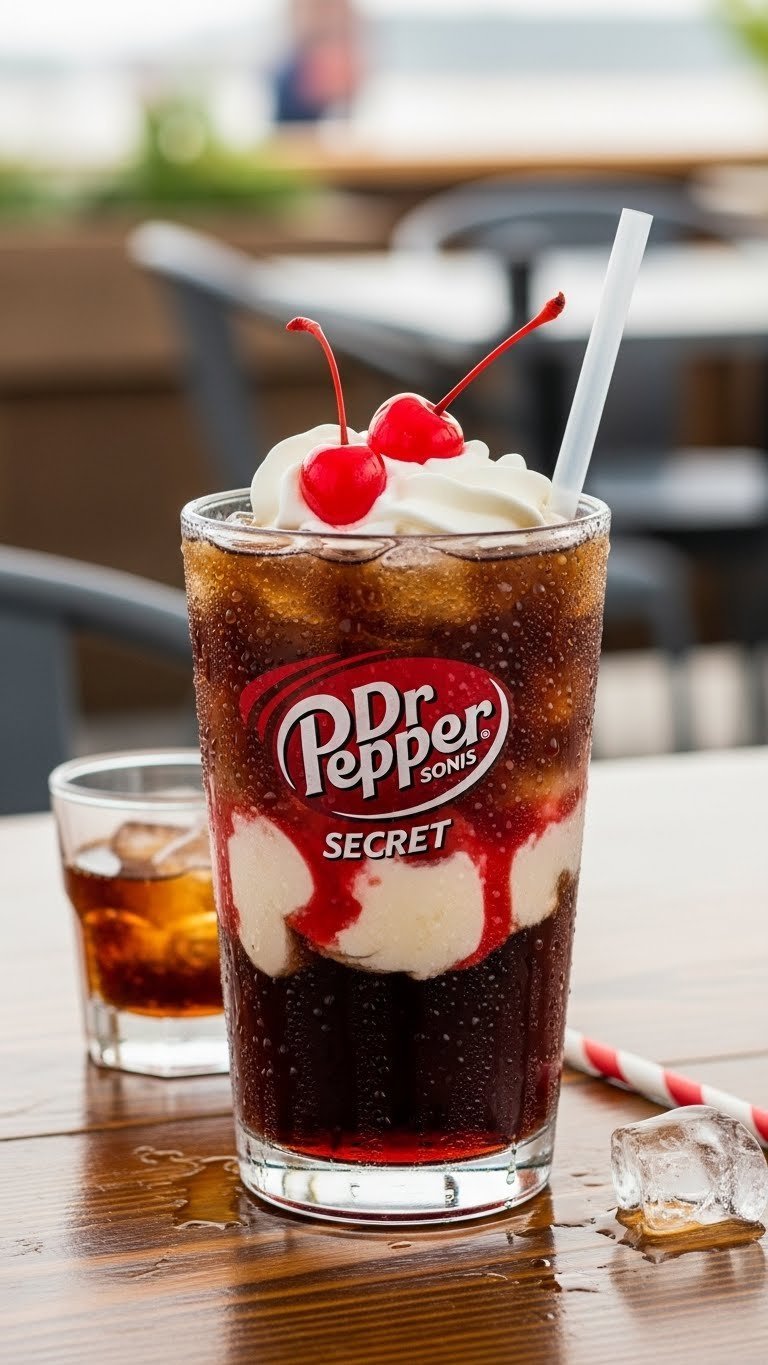 Rich Dr Pepper soda in clear Sonic cup with swirling sweet cream, maraschino cherries, and vanilla flavor garnish