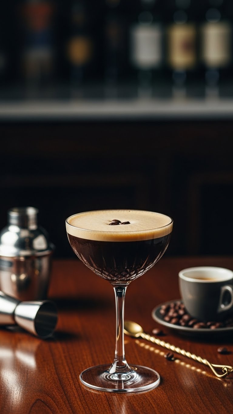 Rich Espresso Martini with frothy crema head and three coffee beans garnished in chilled martini glass on dark elegant surface