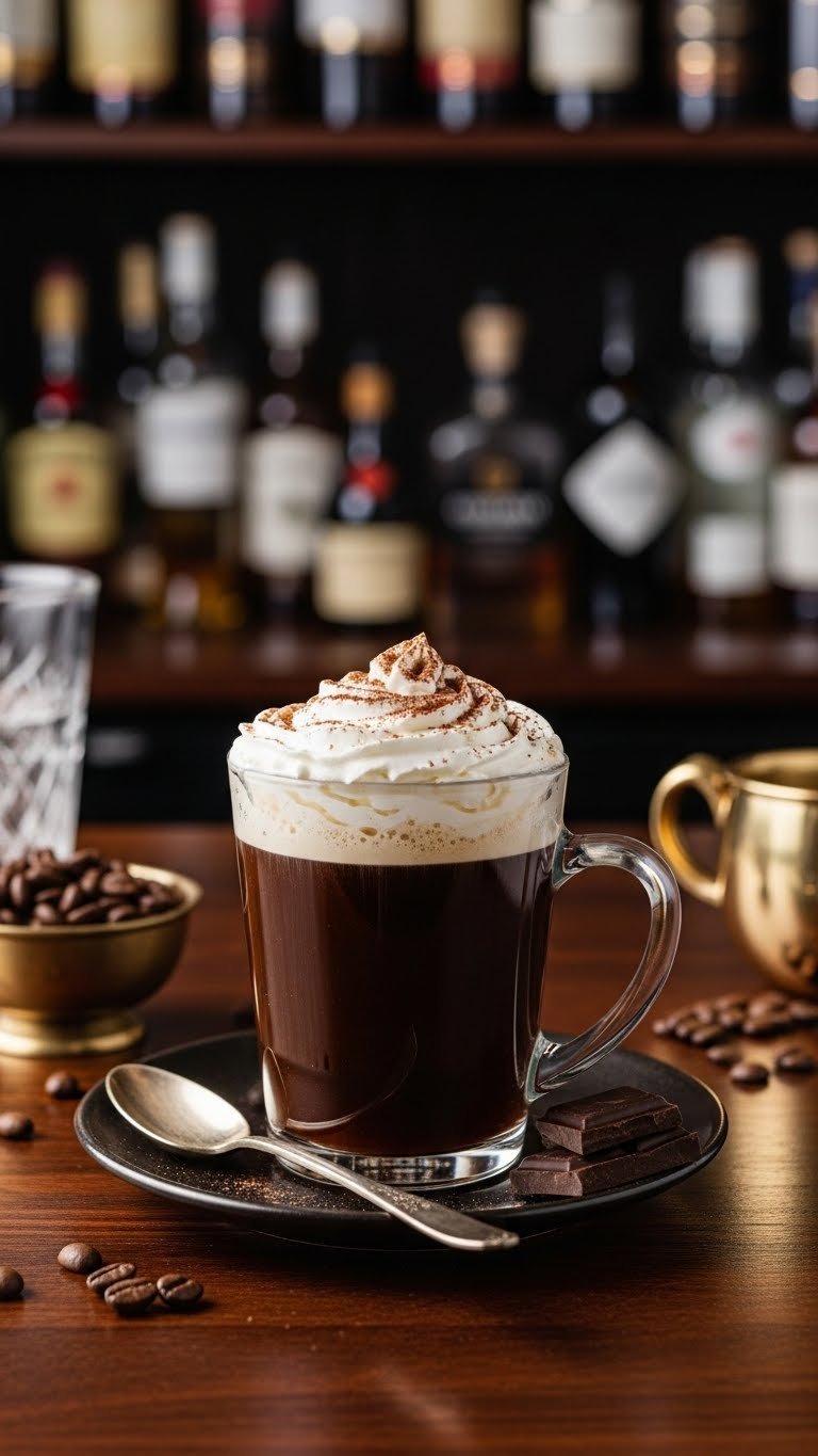Rich Irish cream coffee in glass mug with whipped cream and cocoa powder on polished dark wood bar top.