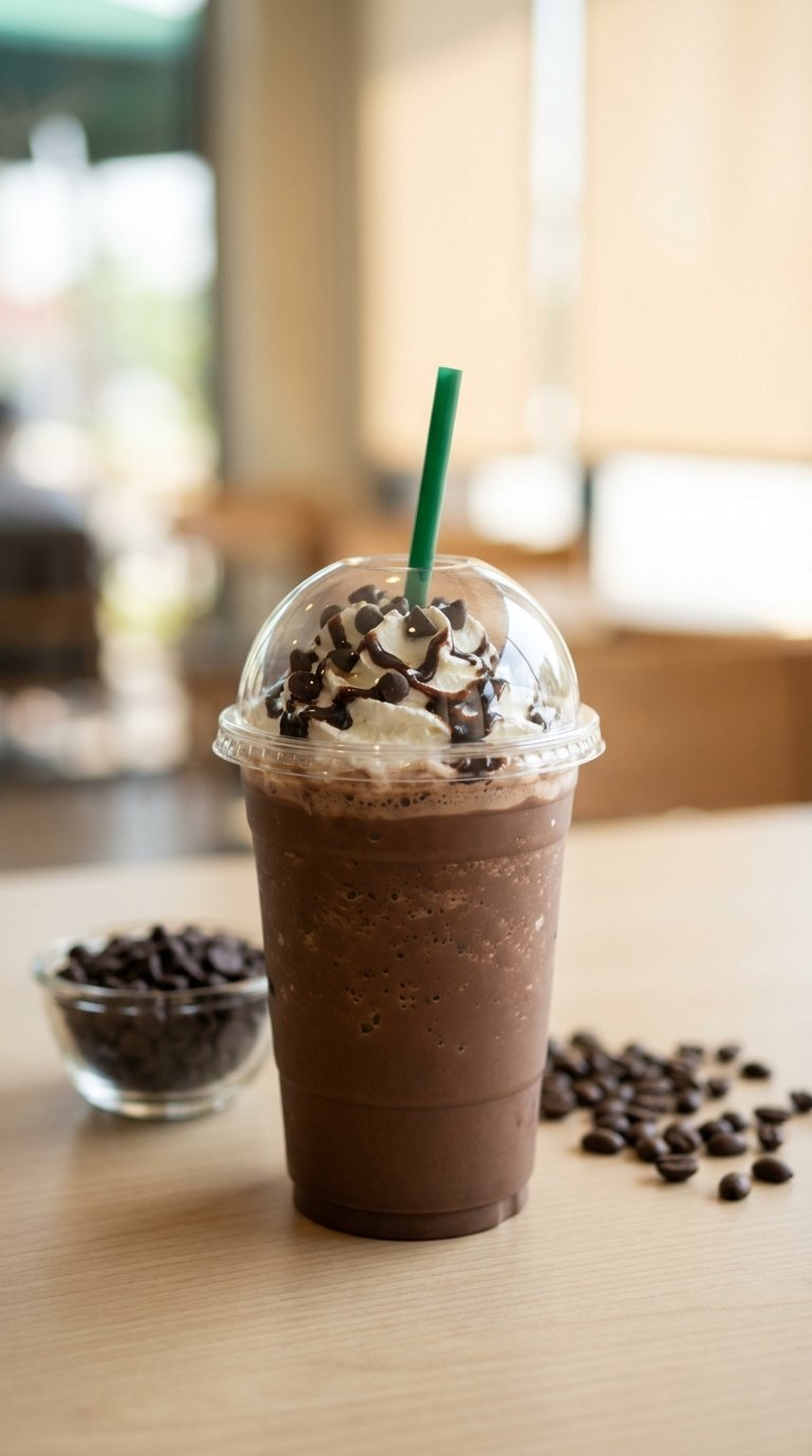 Rich Java Chip Frappuccino in domed cup with chocolate chips on minimalist table with coffee beans.