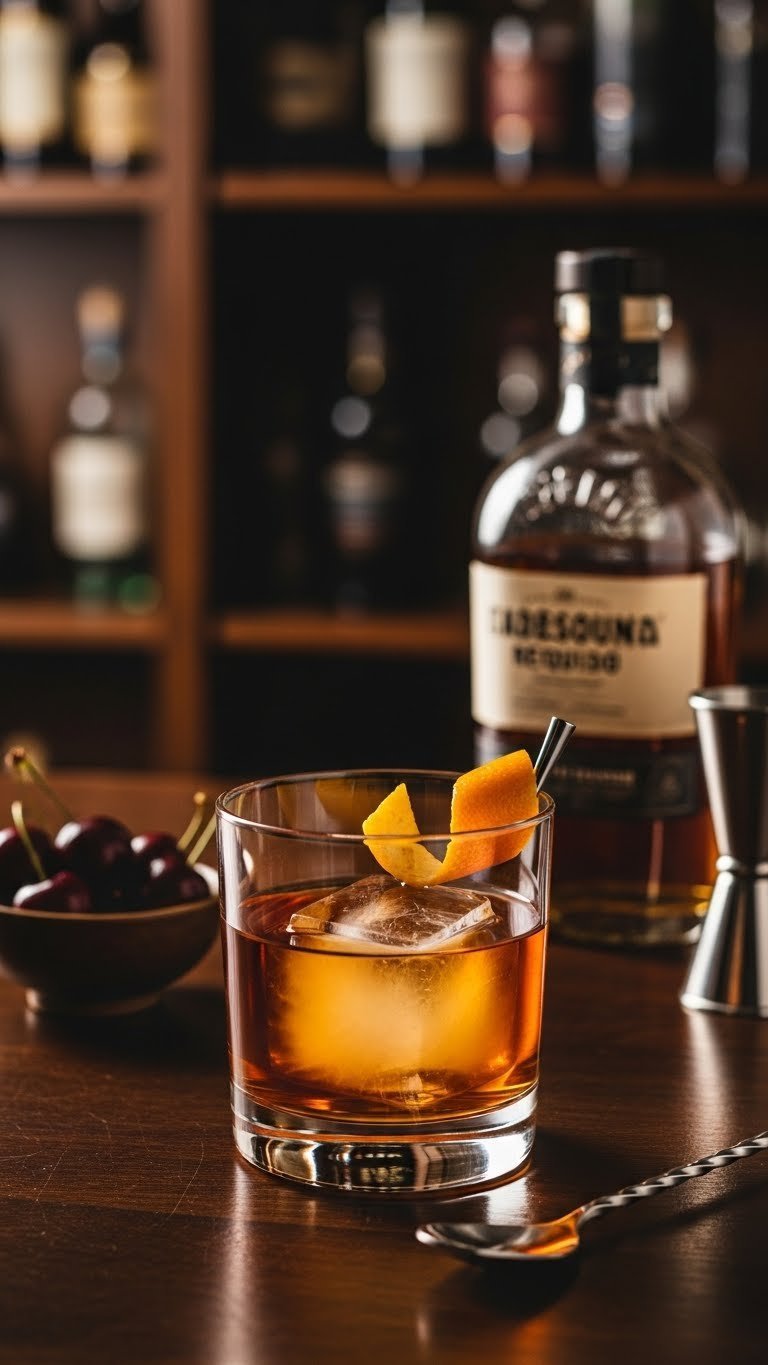 Rich Tequila Old Fashioned cocktail with large ice cube, orange peel garnish, and amber color in rocks glass on dark wood