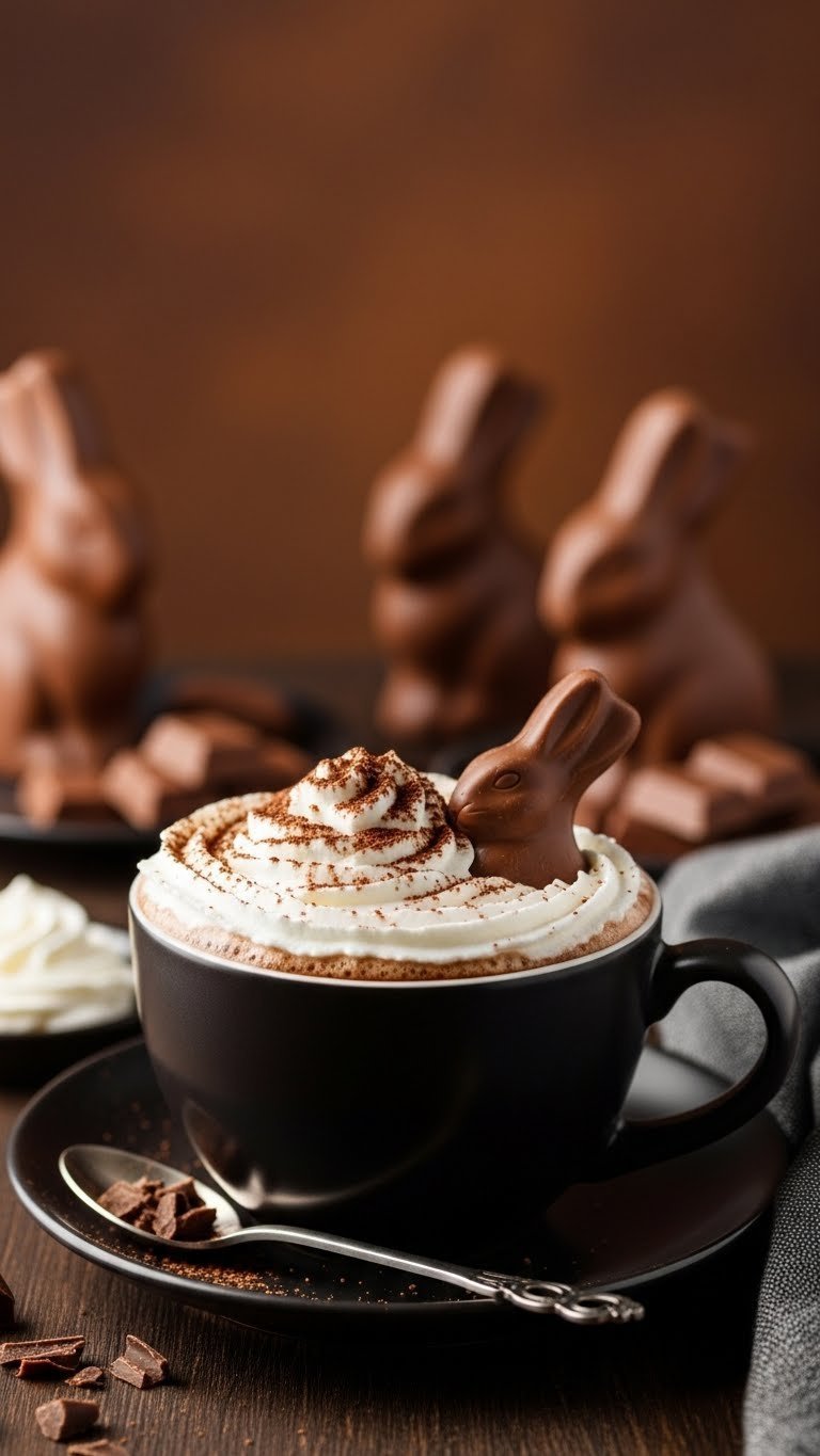 Rich chocolate bunny mocha in dark ceramic mug with whipped cream swirl, cocoa dusting, and Easter chocolate arrangement